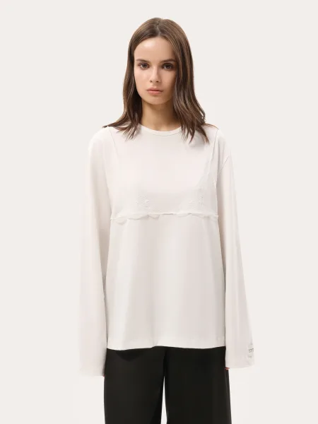Bílý oversize top s dlouhým rukávem a krajkou na hrudi