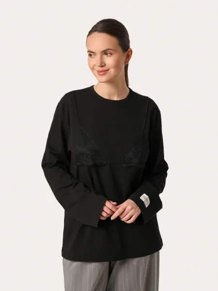 Černý oversize top s dlouhým rukávem a krajkou na hrudi