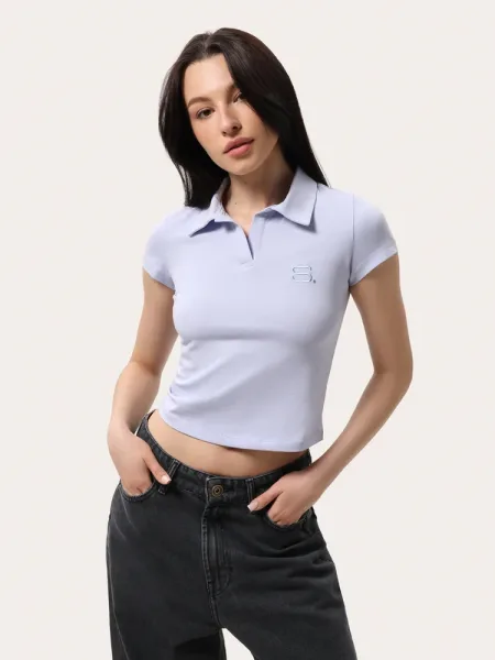 Chrpově modré přiléhavé polo tričko