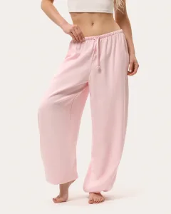 Růžové letní viskózové kalhoty se stahovacími šňůrkami